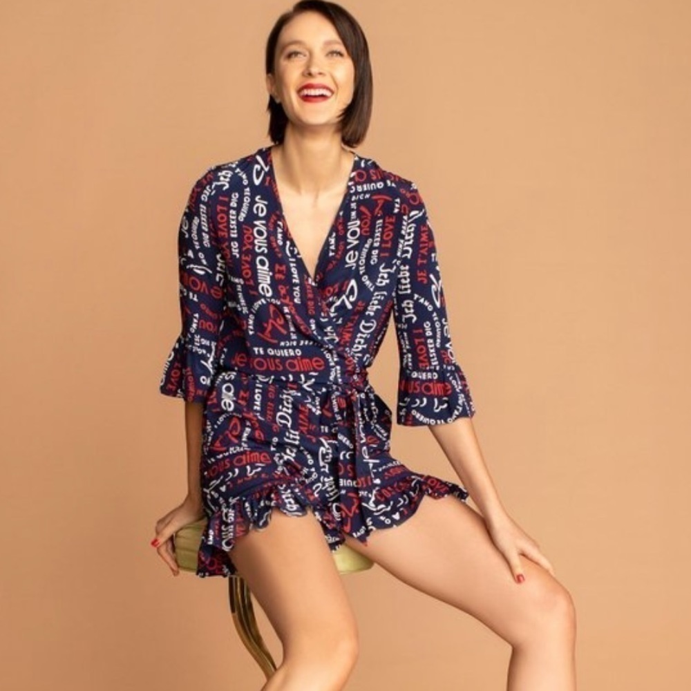 TRINA TURK Te Amo Love Ruffled Silk Romper Size Small